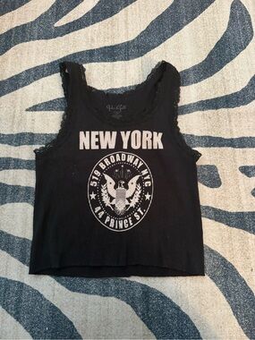 Brandy Melville Black New York Graphic Lace-Trim Tank Top